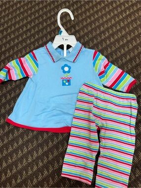 Light Blue Floral Collared Kids Pajama Set with Multicolor Stripes